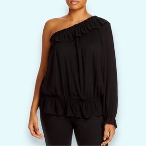 Aqua Curve Ruffled One-Shoulder Top, Black, Size 2X